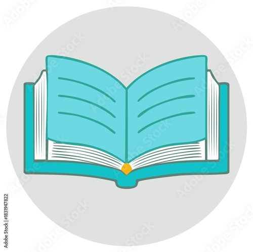 Open turquoise book with pages and yellow spine detail on a gray circle