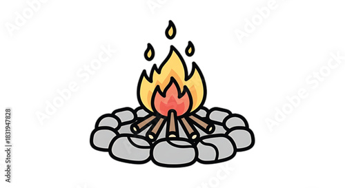 Cozy campfire in a stone circle, radiating warmth and light on a clear day.