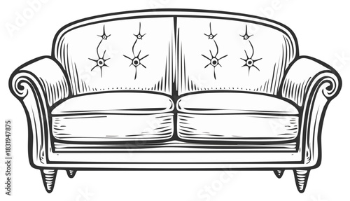 Classic Tufted Loveseat Sofa in a Vintage Hand Drawn Engraving Sketch Style