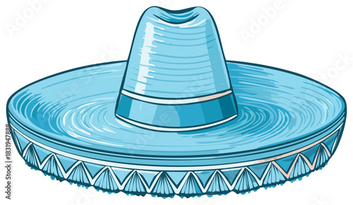 Stylized blue sombrero illustration with wide brim and decorative pattern