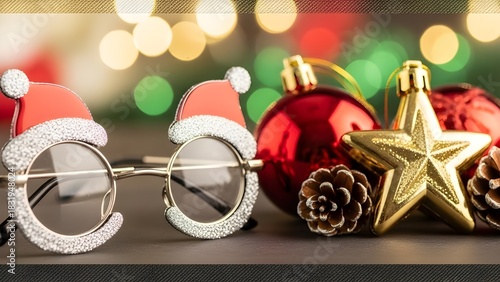 Whimsical holiday eyewear, Santa hat glasses, and vibrant Christmas ornaments glowing against a festive bokeh background, capturing the joyous spirit of seasonal celebrations