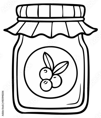 Cartoon drawing of a jar of preserve with a fruit emblem