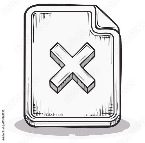 Hand drawn illustration of a document with a 3D X mark symbolizing deletion rejection or error
