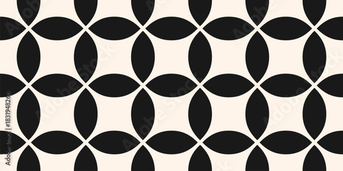 Vector geometric seamless pattern with bold rounded shapes, circle grid, net, mesh, lattice. Simple abstract black and white background. Monochrome ornament texture. Repeating design for fabric, print