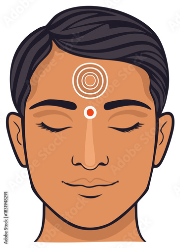 Vector illustration of a serene person meditating with a third eye chakra symbol on their forehead