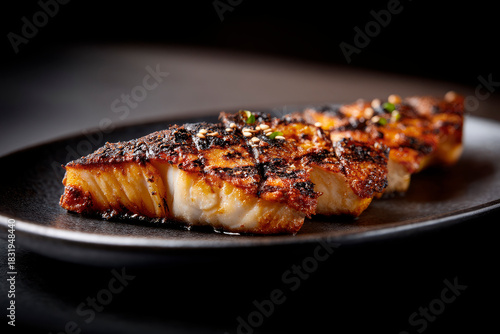Japanese plating of tai fish grilled to perfection on black background