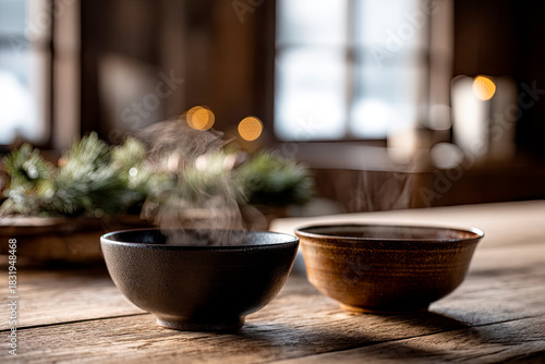 Toshikoshi soba in rustic ceramic bowls on rustic wooden table.Chinese decor background