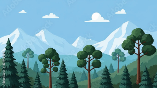 Mountain landscape with trees and clouds vector illustration scenic nature background for design and art