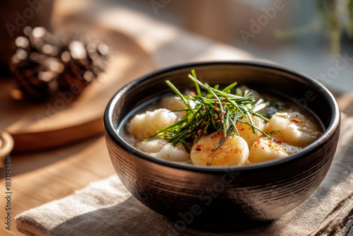 Warm bowl of tteokguk with sliced rice cakes and garnish, Korean New Year table