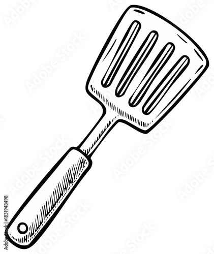 Hand drawn kitchen spatula slotted utensil cooking tool black and white illustration