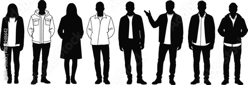Group of diverse casual silhouettes of men and women standing in various poses, representing modern fashion, lifestyle, youth culture, teamwork, and urban community