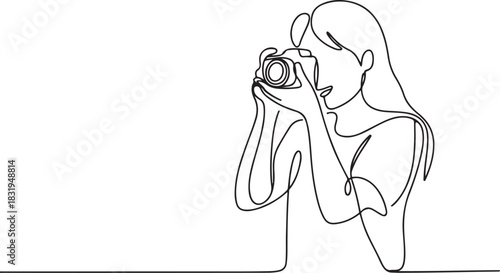 A girl taking photo with her camera. One line continuous. Vector illustration. Photographer with a camera takes pictures outdoors.one line  vector illustration  with out background
