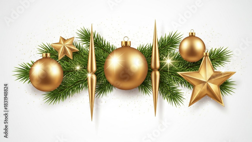 Elegant christmas decoration with golden ornaments balls stars and pine branches festive holiday season decor
