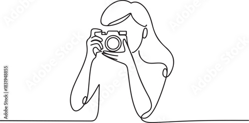 A girl taking photo with her camera. One line continuous. Vector illustration. Photographer with a camera takes pictures outdoors.one line  vector illustration  with out background