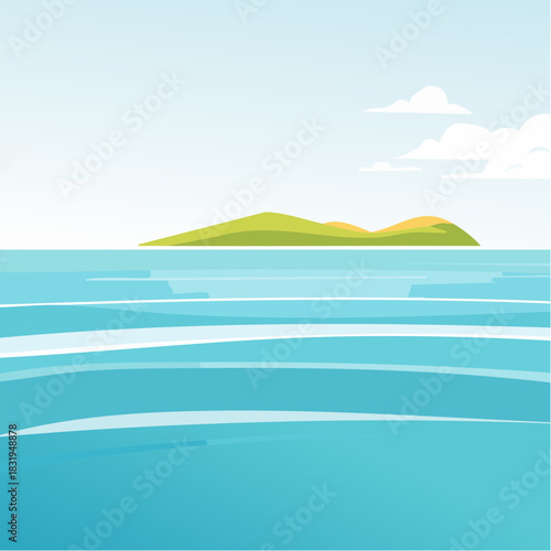 Pixel Art Tropical Island and Ocean Landscape with Gentle Waves and Soft Clouds in a Bright Day