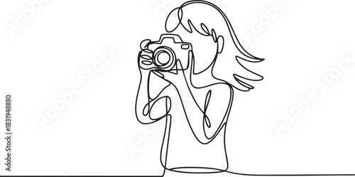 A girl taking photo with her camera. One line continuous. Vector illustration. Photographer with a camera takes pictures outdoors.one line  vector illustration  with out background
