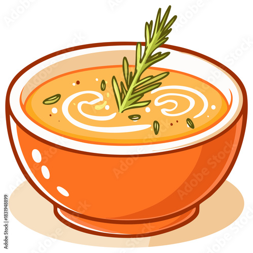 Healthy creamy vegetable soup in a bowl with rosemary garnish illustration
