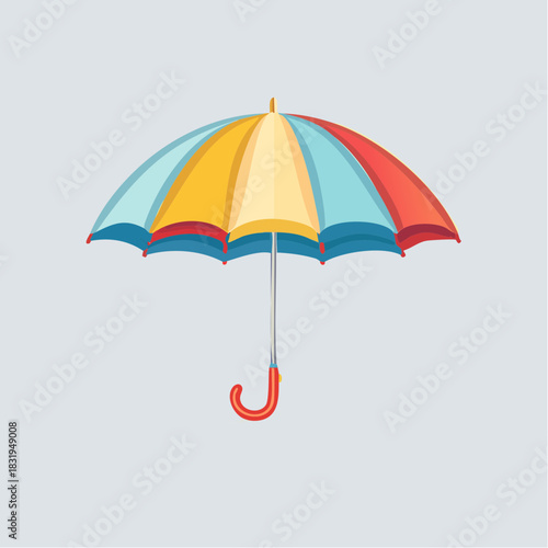 Colorful Open Umbrella with Red Handle Against a Light Blue Background Offering Protection from Rain and Sun