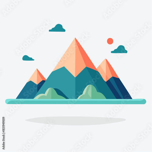 Stylized Mountain Range With Teal Green And Peach Peaks Under A Bright Orange Sun And Fluffy Clouds