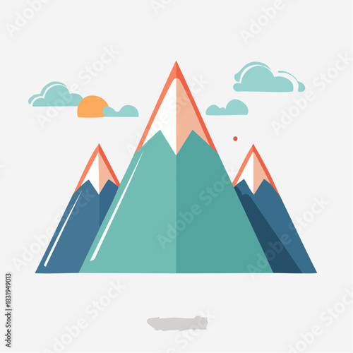 Stylized Mountain Peaks Under a Cloudy Sky with a Setting Sun in a Flat Design Aesthetic