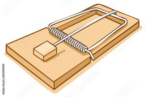 Illustration of a basic wooden mousetrap depicting a simple mechanism for catching rodents and pests in a home or building