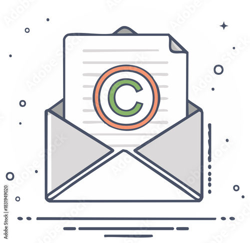 Copyright symbol document inside of an envelope. Concept of intellectual property, messaging