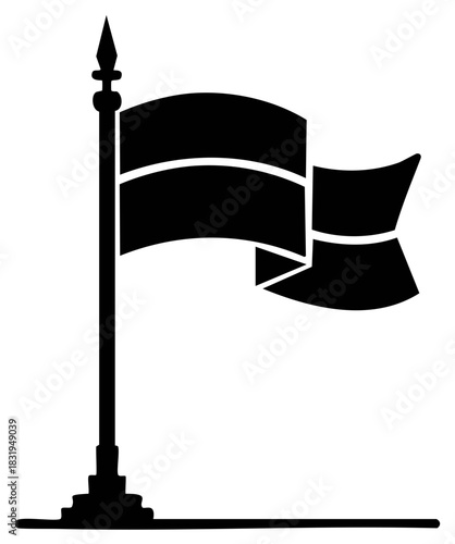Black flag icon waving on pole, wind blowing, solid vector shape, banner illustration, flagpoles, symbolic sign