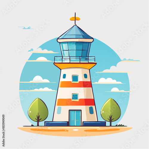 A Tall Striped Lighthouse Structure Stands Under a Cloudy Blue Sky with Two Green Trees on Either Side on a Sandy Ground