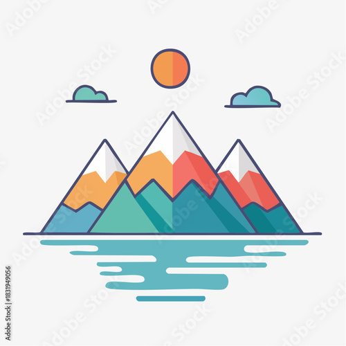 Flat Design Mountain Landscape With Water Reflection And Sun In A Minimalist Style