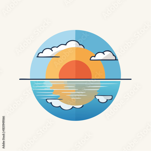 Vibrant Orange Sun Reflected In Calm Blue Water Under White Clouds In A Circle Illustration