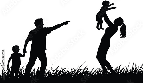 Happy family silhouette enjoying outdoor moments together, father pointing while mother lifts baby, parents bonding with children in nature landscape illustration