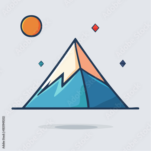 Stylized Mountain Peak With Sun And Geometric Shapes Against A Soft Blue Gradient Background With Subtle Shadows