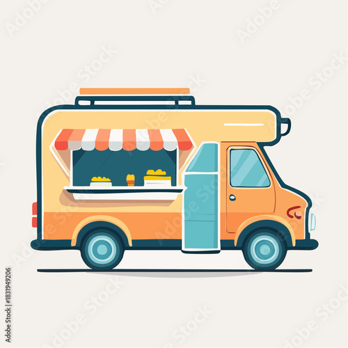 Orange Food Truck With Open Door And Awning Serving Street Food Against A Light Background