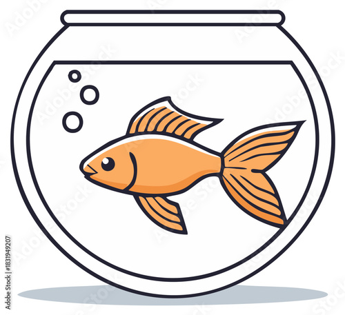 Goldfish swimming in a glass bowl with bubbles, illustration
