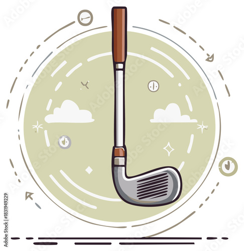 Golf club graphic with playful sky elements and circular design symbolizing the game