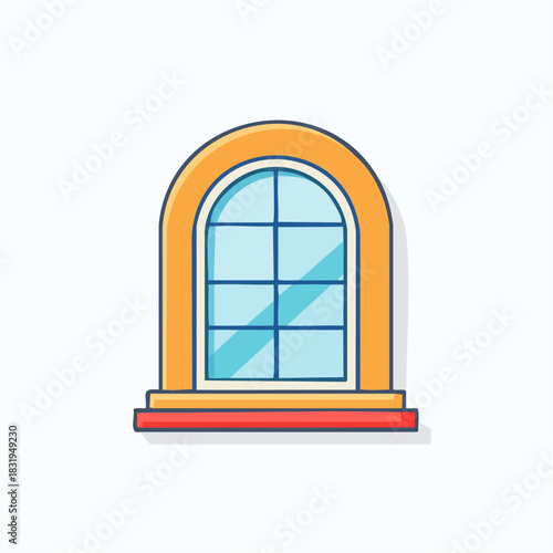 Arched Window With Orange Frame And Red Base On White Background Simple Flat Design