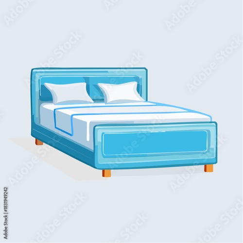 Clean Blue Bed With White Pillows And Blue Accents On A Light Blue Background