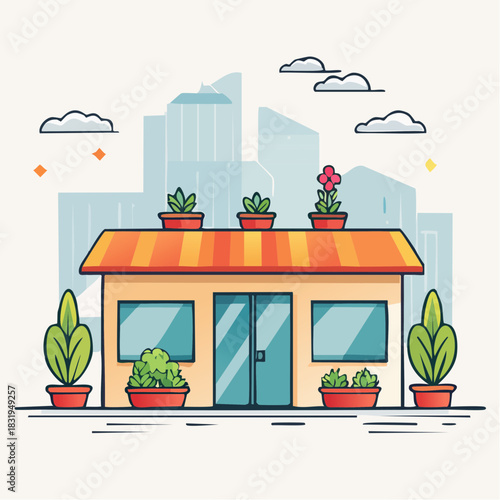 Charming Single Story Building With Potted Plants and Cityscape Backdrop Under Cloudy Sky