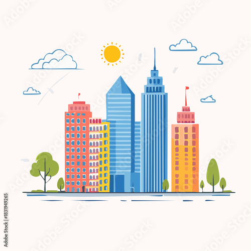 Vibrant Cityscape With Tall Buildings Trees And Clouds Under A Sunny Sky In Daytime Flat Design