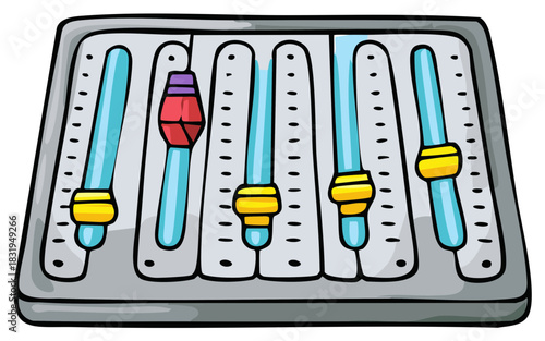 Drawn Audio Mixer Console with Five Vertical Sliders Cartoon Illustration