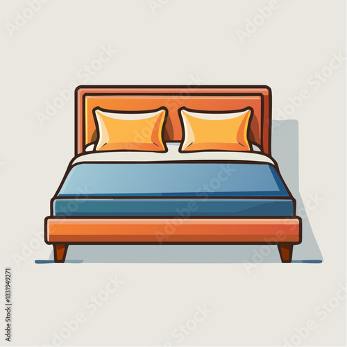 Modern Orange Wood Bed Frame With Two Yellow Pillows And Blue Bedding Against A Light Grey Background