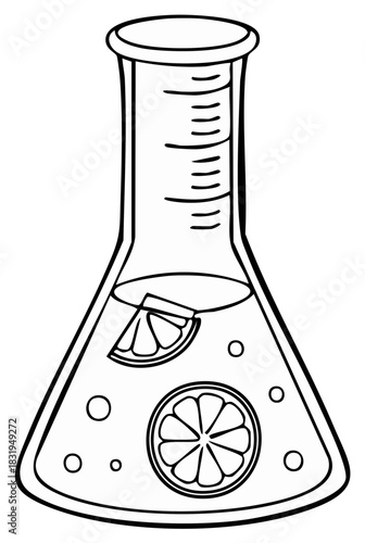 Outline coloring page illustration of a lab flask with lemon slices and bubbles for food science and natural chemistry