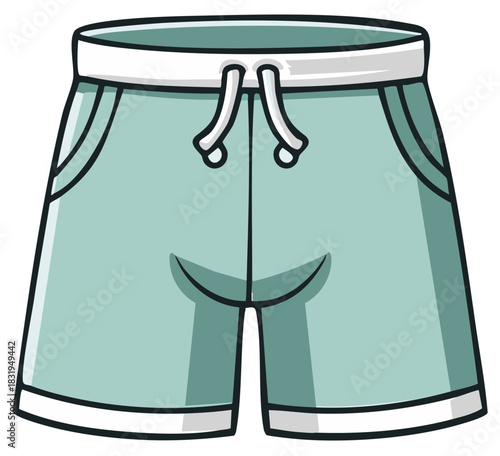 Cartoon illustration of teal shorts with white trim and drawstring.