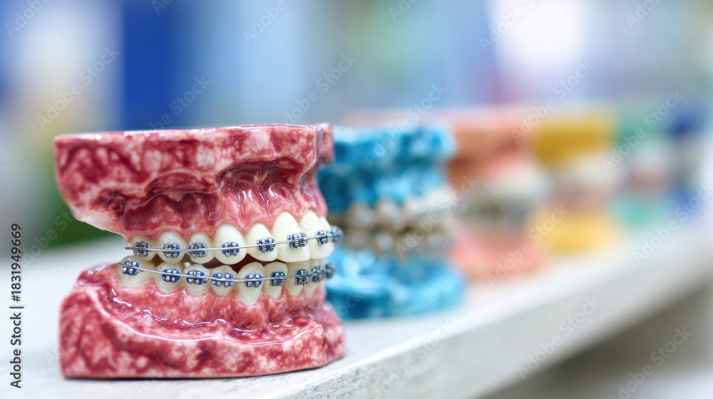 Fototapeta premium Model teeth with braces displayed in colorful teaching aids at a dental office