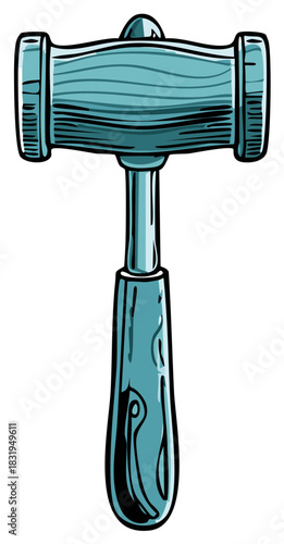 Blue-green wooden gavel illustration symbolizing justice, authority, and auction decisions.