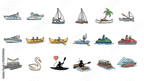 Vector icon set of water travel and aquatic sports equipment, featuring various boats, ships, and personal watercraft for recreation