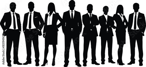 Professional business team silhouettes standing together in formal corporate attire, leadership group illustration, teamwork concept, office people collection design