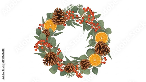 Festive christmas wreath with pine cones orange slices and red berries holiday decoration illustration
