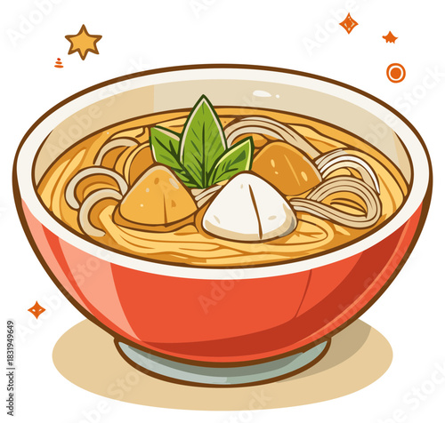 Bowl of noodles and dumplings, delicious Asian cuisine illustration.