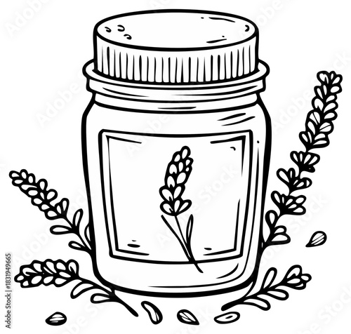 Drawn jar with lavender sprigs and scattered seeds, representing aromatherapy or herbal medicine